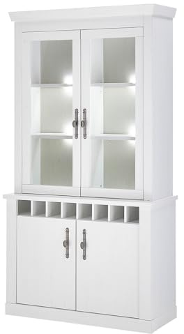 Lomadox Esszimmer Buffetschrank Buffet Vitrinenschrank mit 110 cm Breite in Pinie weiß, Flascheneinteilung - Landhaus-Stil