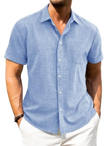 J.VER Mens Shirts Short Sleeve Summer Linen Regular Fit Beach Holiday Casual Button Down Shirt Light Blue XL