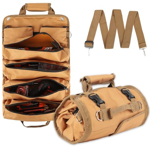 Werkzeug-Organizer-Tasche, faltbar, aufrollbar, strapazierfähig, mit 2 abnehmbaren Taschen, Mechaniker-Tragetasche, Geschenke für Väter, Männer, Geburtstag, Vatertag, Khaki