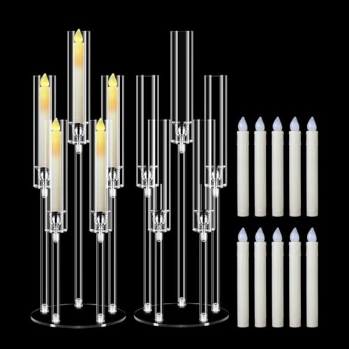 2 Stück Set MSDADA 5-armige Hohe Kerzenständer mit LED-Kerzen, 68 cm Große Acryl Kandelaber für Festliche Tischdeko, Hochzeitsdeko Weihnachtsdeko, inkl. 10x Flammlosen Kerzen