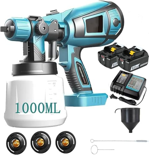 Akku Farbsprühsystem, Kompatibel mit Makita 18V Akkus, Elektro Lackierpistole mit 3 Düsen, 3 Spritzmuster,mit Abnehmbarem 1000ml-Farbeimer, zum Streichen(2x8000mAh Akku und DC18RC Ladegerä)