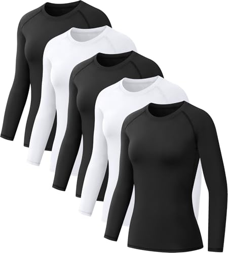 NebuKinex 5 Pack Women's Compression Shirt Long Sleeve Workout Tops Athletic Baselayer Quick Dry Gym Yoga Running T-Shirt 3Black/2White XL