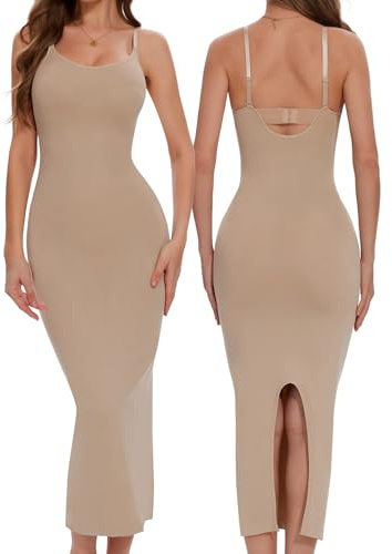 Ellareese Women'S Full Slips Maxi Under Dress Body-Shaping Skirt Long Dresses Shapewear with Adjustable Shoulder Strap Beige