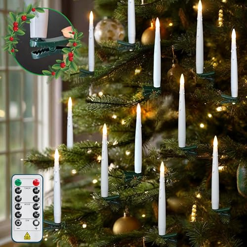 Daord 16 PCS Christmas Tree Candle Lights with Green Clips Flameless LED Taper Candles with Remote for Christmas Tree Decor (16pcs,White(B))