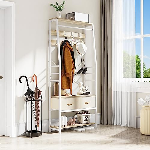 YITAHOME Garderobenständer mit Schuhbank Schuhregal, 8 Haken, Weiß & Eiche | Kleiderschrank 6-in-1: Kleiderstange, Garderobe, Schuhbank, Schuhregal, 2 Schubladen, 8 Haken, Vintagebraun, 80x30x180cm