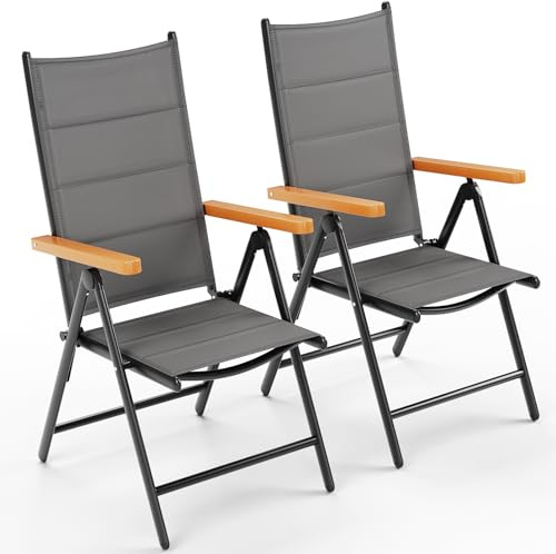 Clevich Hochlehner-Klappstühle für Garten & Balkon aus Aluminium (2er Set), Gartenstühle mit WPC-Armlehnen – 7-Fach Verstellbarer Outdoor-Esszimmerstuhl, 2 Stück Grau