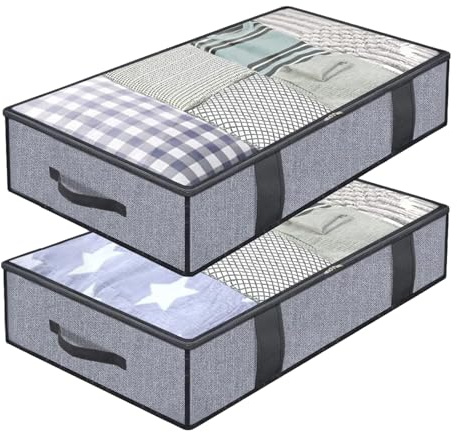 Eclove Premium Unterbettkommode 2 Stück Faltbare Unterbett-Aufbewahrungstasche mit Sichtfenster 100x50x15cm Kleideraufbewahrung Organisator für Bettdecken Kleidung Unterbett Kleiderschrank (Stil 2)