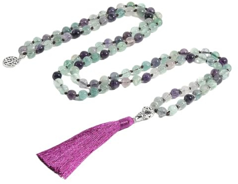 Generisch 108 Mala-Perlen-Knotenkette für Damen,Natürliches Buntes Fluorit-Armband,Lange Halskette Mit Quaste und Lebensbaum-Anhänger,Gebet,Spirituelle Meditation,Schmuck,Geschenke
