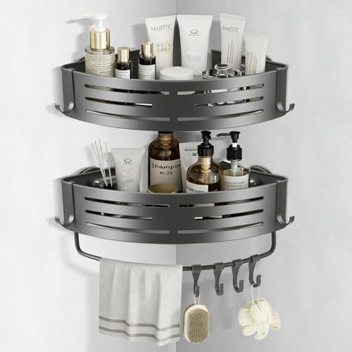Littlecatch Corner Shower Caddy, Corner Shower Suction Cup, Corner Shower Shelf with Hooks, Bathroom Shelves No Drilling, Bathroom Organiser for Bathrooms Storage (Aluminum, 2-Pack)