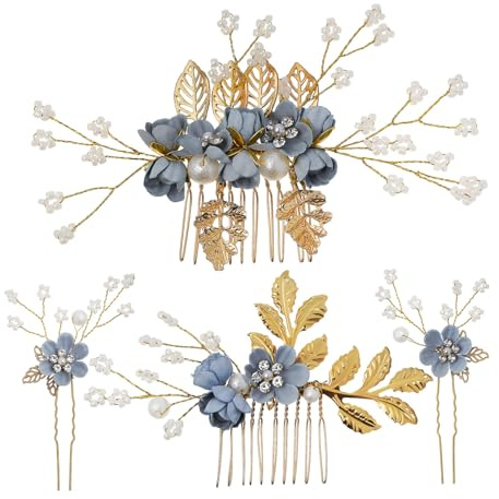 DECOMELODY Peinetas de Flores con Perlas y Cristales para Boda Accesorios Elegantes para Peinados Nupciales Adornos Decorativos para Novia Azul