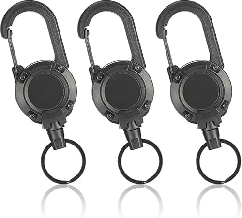 3 portachiavi allungabile, con cordino retrattile da 60 cm, con cavo in acciaio da 60 cm, estensibile, con moschettone per porta carte d'identità