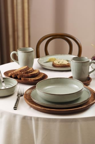Kütahya Porselen Moderna Service de table 16 pièces pour 4 personnes – En porcelaine verte avec assiettes plates de 24 cm, assiettes creuses de 20 cm, bols de 15 cm et tasses de 355 ml