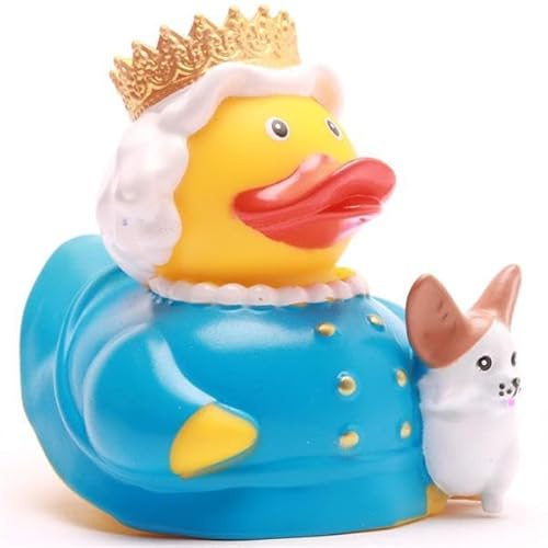 Duckshop I Badeente Queen Elizabeth mit Corgi I Quietscheente I Quietscheentchen L: 8,5 cm I Geschenk für Royal-Fans I Präsent für Sammler