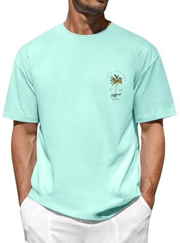 Lonya Oversized Tshirt Herren Rundhal Sommer Baumwolle Locker Kurzarm Shirt Palmen Druck Basic Oberteil Casual Strand Lose Tee Tops Vintage Streetwear