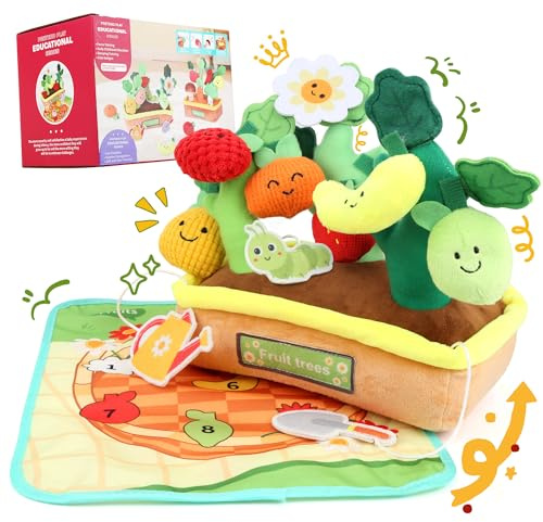 Plush Fruit Tree Montessori Toys, Toddler Learning Playset for 1 Year Old with Rattle Crinkle Textures Velcro, Play Food Toys Color Shape Number Matching Mat Fine Motor Skills Easter Baby Gift, 10 PCS