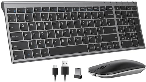 seenda Wireless Keyboard Mouse Set, Ultra Slim Compact Rechargeable Silent Computer Keyboard & Mouse Combo with Metal Base UK QWERTY Layout for Office, Home, Business Trip, Black and Space Gray