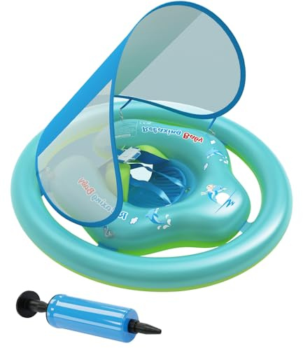 Baby simring med soltak Ninonly säker dubbel simring baby med soltak UPF 50+ dubbla simdäck pool ergonomisk för småbarn 6–36 månader