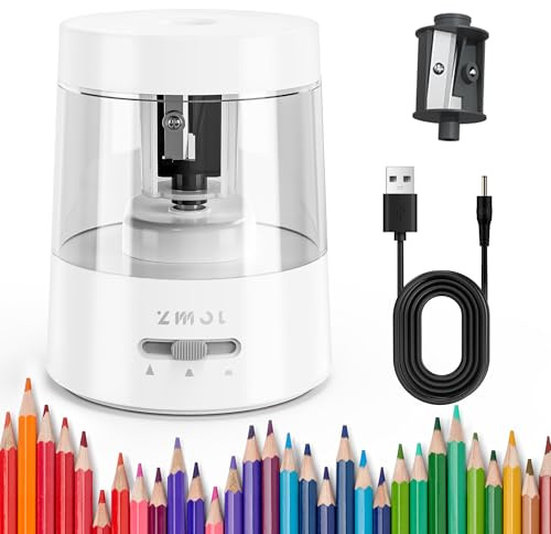 ZMOL Electric Pencil Sharpener, USB Powered & Battery Operated, White | Non-Rechargeable, 3 Tip Settings, for 6-8mm No.2/HB & Coloured Pencils, Auto Stop, Large Container, School/Home/Office