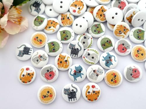 Apfelblüte Style & Accessoires Holz Knöpfe, 10 Stück, Weiß und Bunt, 15 mm Durchmesser, Rund, Tiermotive Katze