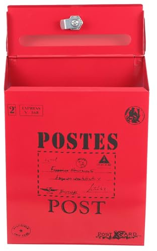 iplusmile Wandbriefkasten aus Eisen Rot mit Schloss Amerikanischer Vintage Briefkasten Abschließbarer Postkasten für Außenwand Robuste Wandhalterung Dekorative Zeitungskasten