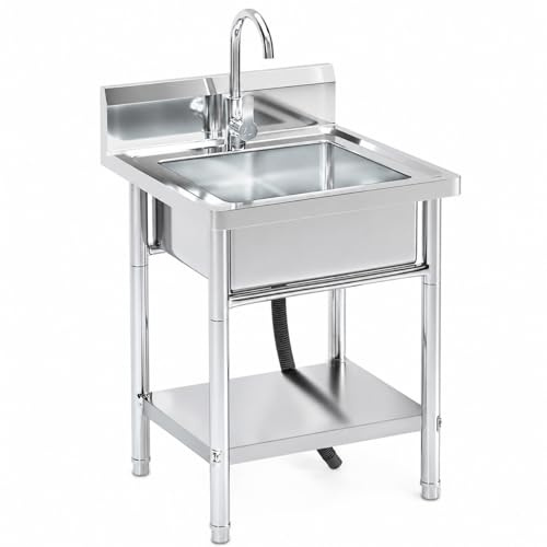 RiveraSink Fregadero Inox Autoportante 50x50 cm 1 Cubeta Exterior | Acero Inoxidable, Salpicadero Trasero, Grifo Incluido, 1 Cubeta Amplia, Patas Regulables, Kit de Desagüe, Uso Exterior