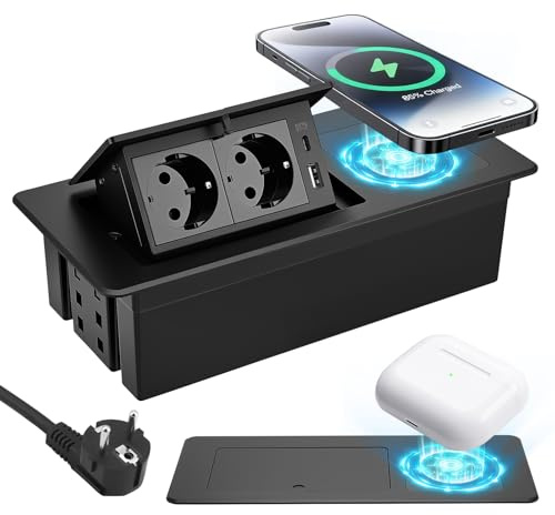 Prise Encastrable avec Chargeur USB-C PD20W et Charge sans Fil 15W pour Téléphones Portables, Montres et écouteurs, Prise de Bureau 2 Prises pour Plan de Travail Cuisine et Bureau