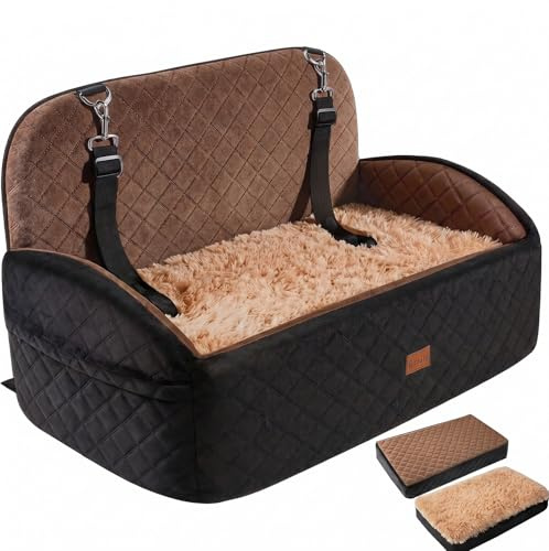 Gimars Vändbar hundbilstol med lång och kort plysch för små/medelstora hundar upp till 27 kg, avtagbar tvättbar halkfri hundbooster bilstol med 13 cm 28D ägglådeskum, säkerhetsbälte, L-brun