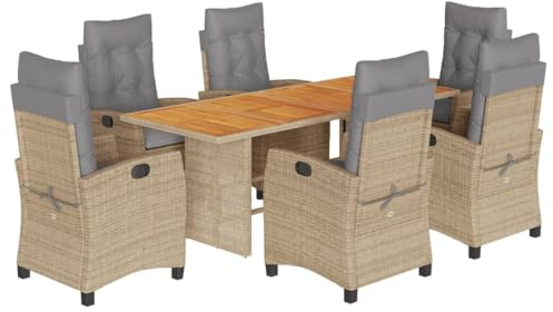 PUGYNBK 7-TLG. Garten-Essgruppe mit Kissen aus Poly Rattan, Esstisch mit Akazienholzplatte, Gartensessel mit Verstellbarer Rückenlehne, abnehmbare und waschbare Bezüge, max. 110 kg pro