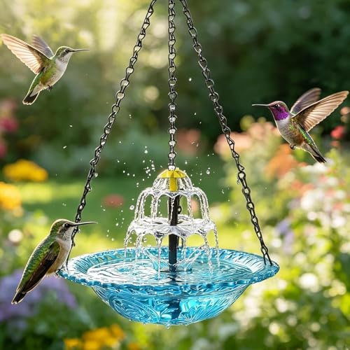 Pipihome Vogeltränke Hängend, Vogeltränke mit Solar Springbrunnen | 3 Stufig Solarbetriebenes Vogelbad mit Metallketten zum Aufhängen für Garten Hof Terrasse Lockt Vögel