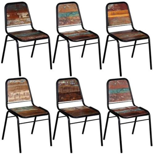 Plumbpyr Matrumsstolar, 6 stycken gammalt trä, massivt med pulverlackerad stålram, 44 x 59 x 84 cm, stabil och robust för kök, matsal, vardagsrum, vintage skålstol med säte och ryggstöd