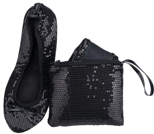 Women's Foldable Ballet Flats – Portable Flat Shoes for Travel and Wedding that Fit in Your Purse (L, Black Sequin)