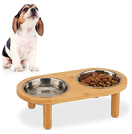 Relaxdays Futterbar für kleine Hunde, 2 Näpfe je 300 ml, erhöht, Bambus & Edelstahl, HxBxT: 9,5x34,5x18 cm, natur/silber