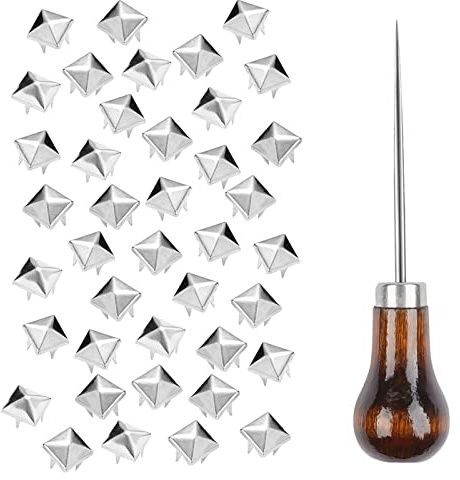 TUZAZO 12 mm Silver Pyramid Studs for Clothing, 500PCS | 4-Pong Square Metal Studs and Spikes, Punk Rock Rivets for Fabric & Leather Craft Accessories with Awl, Easy Install