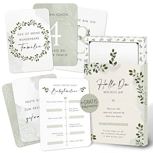 40 Meilensteinkarten Baby - Meilenstein Karten Set als Geschenk zur Geburt & Babyparty + schöne Erinnerungsbox Baby - schlicht & neutral für Junge & Mädchen