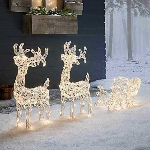 Lights4fun 160er LED Rentier mit Schlitten Figur mit Timer warmweiße Weihnachtsbeleuchtung für außen und innen Weihnachtsfigur Rentier Weihnachtsbeleuchtung Außen Rentier mit Schlitten Outdoor