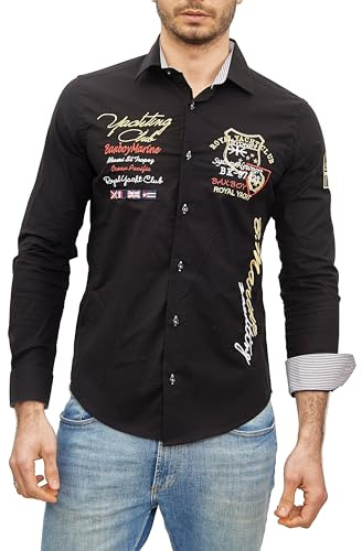 Subliminal Mode - Camisa para hombre, bordada, moderna y de moda, cuello Kent, manga larga, a rayas, ajuste slim, BX508, Negro , XL