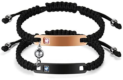 JewelryWe Schmuck 2pcs Pärchen Armband Lederarmband mit Magnet Kugel Hochglanz Poliert Edelstahl Zirkonia Leder geflochten Partnerarmband Freundschaftsarmband Paar Armreifen, Schwarz Rosegold
