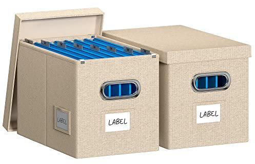 DYWMM Hängande arkivlåda med lock, uppsättning av 2 arkiveringsförvaringslådor, linne hopfällbart dekorativt kontor/hemarkivskåp (35,5 x 23,6 x 27,7 cm) (beige)