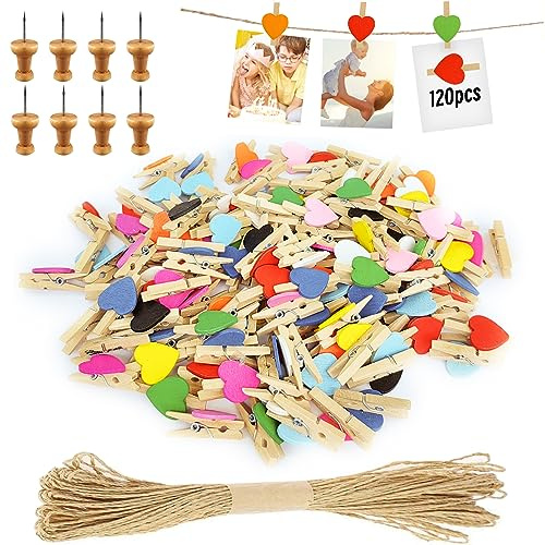 Hengxinc 120 Stück Miniklammern, Mini Holzklammern Klein Herz | Farbe Mini Wäscheklammern Hochzeit Kleine Holzklammern Für Polaroid Fotos mit 10M Jute String DIY für Fotowand Display Party