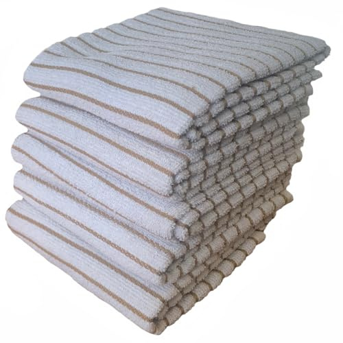 Sue Rossi Stripe Designed Heavy Duty Kitchen Tea Towels, Pack of 5, Large Size 50 x 70 cm, Absorbent and Durable For Everyday Use Dish Cloth Set, Heavyweight 380gsm (Beige)