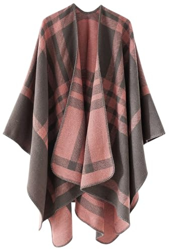 Genfien Dam sjal wraps poncho cape vändbar överdimensionerad sjal wrap koftor för kvinnor trendig elegant stickad höst ull snurrande rutig halsduk kappa, Persikoröd, one size