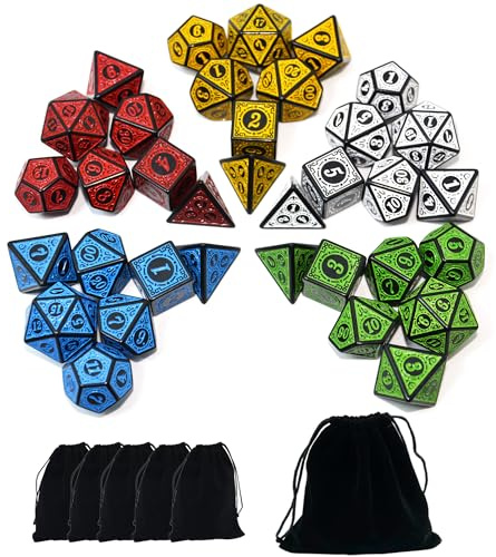 SmartDealsPro Dubbelfärger polyedriska tärningar med påsar för D&D DND RPG MTG Dungeon and Dragons bordsskiva rulle spelspel D4 D6 D8 D10 D% D12 D20 (retro set med 5 färger)