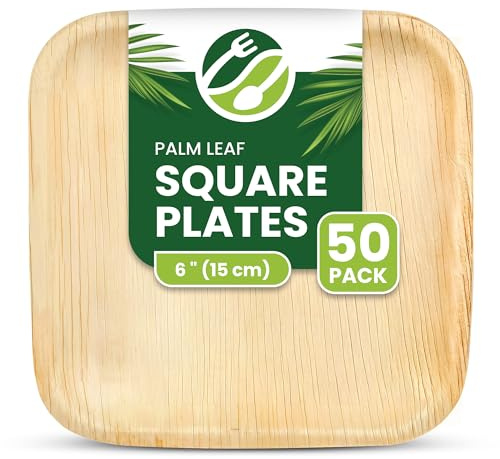 ECO Leaf 50 Disposable Square Palm Leaf Plates, 6 (15cm) – Eco-Friendly, Biodegradable, Compostable, Heavy-Duty Bamboo Plates for Desserts, Hot Food, Weddings, Picnics, BBQs, Oven Safe