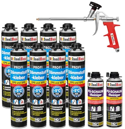 Isolbau B2 Dämmstoffkleber SET - 8 x 750 ml Perimeterkleber, 2 x PU-Schaum-Reiniger & 1x Schaumpistole für EPS & XPS-Platten - 1K PU-Klebeschaum für Fixieren & Befestigen