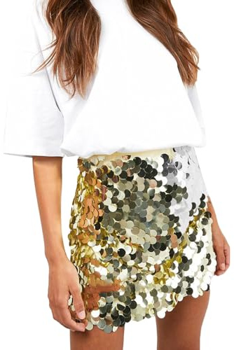 Pailletten Minirock für Damen, Glitzer-Rock, kurzer Bauchtanzrock, Clubwear, Festivalkostüm, Konzert, Tanz, Fransen, Hüftschalrock