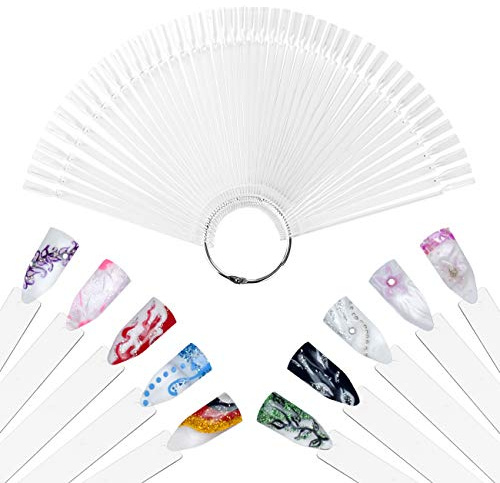 Naler 50pcs Clear Nail Swatches Sticks, Fan-shaped Nail Display Sticks with Metal Ring, Smooth Plastic Nail Art Tips for Nail Polish Gel Color Practice
