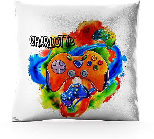 Hairyworm Personalised Cushion Cover with Filling Optional, Pink, Champagne, White Glitter Square Cushion Customised with Name, Orange Gaming Controller Design Print, Gamer Pillow