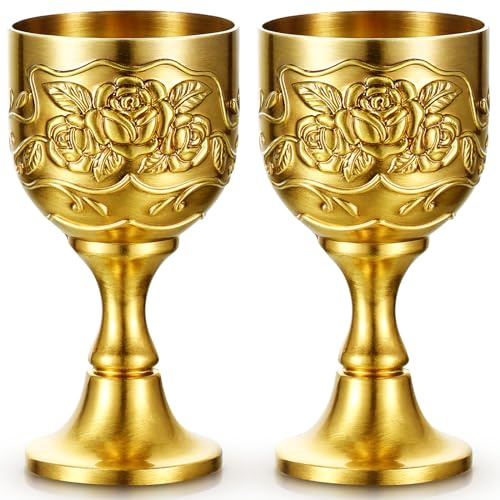 Nosiny Mini-Kelchkelch, Vintage-Stil, goldfarben, Kupfer-Weinkelch, kleine Kelchbecher, mittelalterliche Weingläser, Zinklegierung, Blumen-geprägte Schnapsgläser für Erstkommunion, Altarbetrinken (28