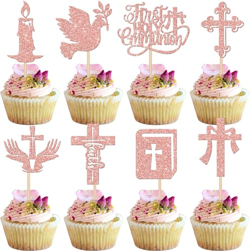 Rsstarxi Paquete de 24 adornos para cupcakes de primera comunión, paloma con purpurina, Dios bendiga, cruz, para primera comunión, baby shower, bautizo, fiesta temática, decoración de pasteles, oro