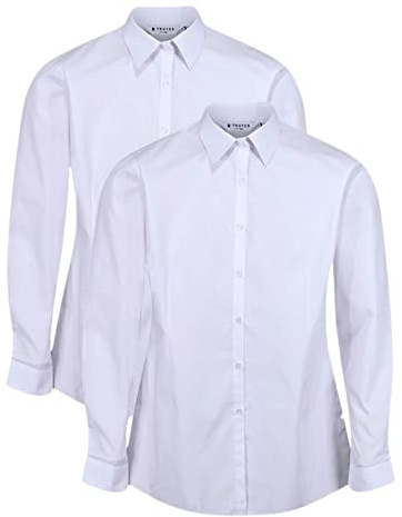 Trutex Basics Girls White Long Sleeve School Shirts, 2 Pack – Regular Fit Easy Iron School Uniform Blouses (Age 8)